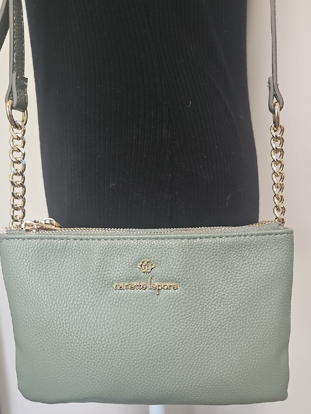 Nanette Lepore Sage Green Pebbled Leather Crossbody with Gold Chain